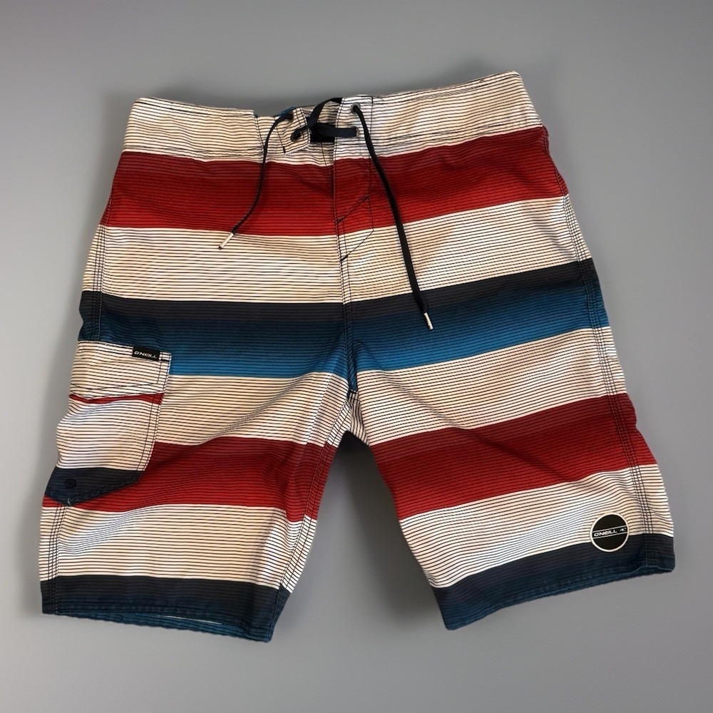 ONeill Men's 30 Red White Blue Stripe Boardshorts Tie Waist